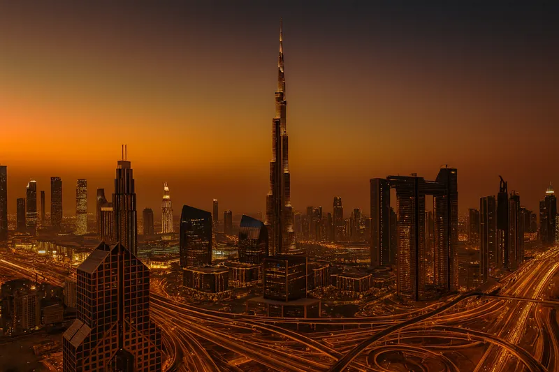 Skyline di Dubai al tramonto